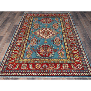 4'1"x5'10" Aquamarine Blue, Kazak with Geometric Medallions Design, Vegetable Dyes, Denser Weave, Hand Knotted, Soft and Vibrant Wool, Oriental Rug FWR2136