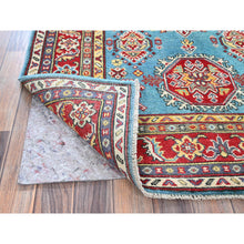 Load image into Gallery viewer, 4&#39;1&quot;x5&#39;10&quot; Aquamarine Blue, Kazak with Geometric Medallions Design, Vegetable Dyes, Denser Weave, Hand Knotted, Soft and Vibrant Wool, Oriental Rug FWR2136