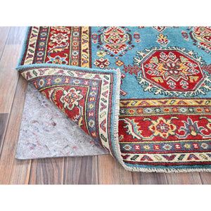 4'1"x5'10" Aquamarine Blue, Kazak with Geometric Medallions Design, Vegetable Dyes, Denser Weave, Hand Knotted, Soft and Vibrant Wool, Oriental Rug FWR2136