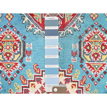 Load image into Gallery viewer, 4&#39;1&quot;x5&#39;10&quot; Aquamarine Blue, Kazak With Geometric Medallions Design, Vegetable Dyes, Denser Weave, Hand Knotted, Soft And Vibrant Wool, Oriental Rug FWR2136