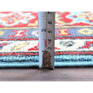 4'1"x5'10" Aquamarine Blue, Kazak with Geometric Medallions Design, Vegetable Dyes, Denser Weave, Hand Knotted, Soft and Vibrant Wool, Oriental Rug FWR2136