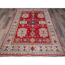 Load image into Gallery viewer, 3&#39;10&quot;x5&#39;10&quot; Arsenal Red, Kazak with All Over Tribal Motifs, Hand Knotted, Vegetable Dyes, Denser Weave, Pure Wool, Oriental Rug FWR2142