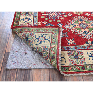 4'x6' Crimson Red, Kazak with All Over Tribal Motifs, Vegetable Dyes, Hand Knotted, Denser Weave, Pure Wool, Oriental Rug FWR2148
