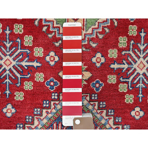 4'x6' Crimson Red, Kazak with All Over Tribal Motifs, Vegetable Dyes, Hand Knotted, Denser Weave, Pure Wool, Oriental Rug FWR2148