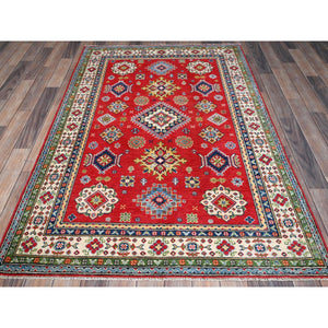 4'x6' Imperial Red, Kazak with Geometric Design, Vegetable Dyes, Hand Knotted, Denser Weave, Soft and Vibrant Wool, Oriental Rug FWR2154