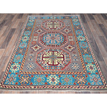 Load image into Gallery viewer, 4&#39;x5&#39;9&quot; Dove Gray, Hand Knotted, Kazak with Geometric Medallions Design, Vegetable Dyes, Denser Weave, Soft and Shiny Wool, Oriental Rug FWR2160