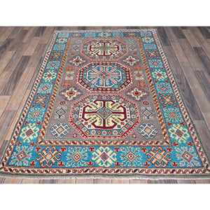 4'x5'9" Dove Gray, Hand Knotted, Kazak with Geometric Medallions Design, Vegetable Dyes, Denser Weave, Soft and Shiny Wool, Oriental Rug FWR2160