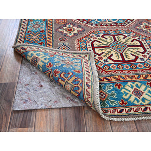 4'x5'9" Dove Gray, Hand Knotted, Kazak with Geometric Medallions Design, Vegetable Dyes, Denser Weave, Soft and Shiny Wool, Oriental Rug FWR2160