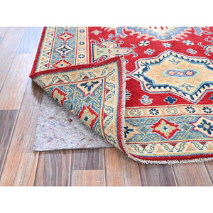 4'1"x6'1" Berry Red, Kazak with Geometric Medallions Design, Vegetable Dyes, Hand Knotted, Denser Weave, Soft and Vibrant Wool, Oriental Rug FWR2166