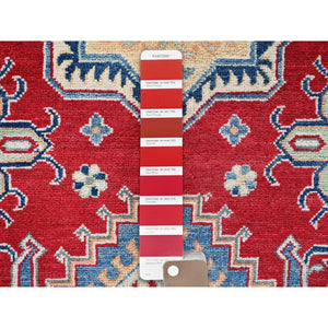 4'1"x6'1" Berry Red, Kazak with Geometric Medallions Design, Vegetable Dyes, Hand Knotted, Denser Weave, Soft and Vibrant Wool, Oriental Rug FWR2166