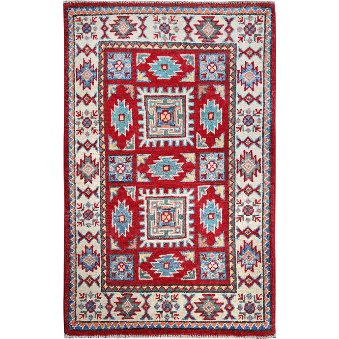 2'x3' Berry Red, Kazak with Geometric Pattern, Soft and Shiny Wool, Vegetable Dyes, Hand Knotted, Denser Weave, Sample, Mat, Oriental Rug Sh362 FWR2172