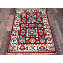 Load image into Gallery viewer, 2&#39;x3&#39; Berry Red, Kazak With Geometric Pattern, Soft And Shiny Wool, Vegetable Dyes, Hand Knotted, Denser Weave, Sample, Mat, Oriental Rug FWR2172