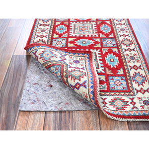 2'x3' Berry Red, Kazak With Geometric Pattern, Soft And Shiny Wool, Vegetable Dyes, Hand Knotted, Denser Weave, Sample, Mat, Oriental Rug FWR2172