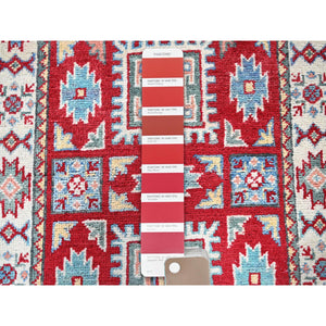 2'x3' Berry Red, Kazak With Geometric Pattern, Soft And Shiny Wool, Vegetable Dyes, Hand Knotted, Denser Weave, Sample, Mat, Oriental Rug FWR2172