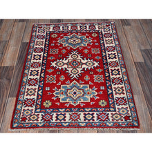 Load image into Gallery viewer, 2&#39;2&quot;x3&#39; Crimson Red, Kazak With Geometric Pattern, Soft And Vibrant Wool, Vegetable Dyes, Hand Knotted, Denser Weave, Sample, Mat, Oriental Rug FWR2178