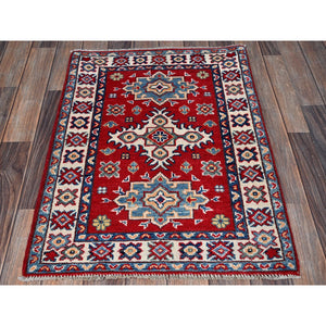 2'2"x3' Crimson Red, Kazak With Geometric Pattern, Soft And Vibrant Wool, Vegetable Dyes, Hand Knotted, Denser Weave, Sample, Mat, Oriental Rug FWR2178