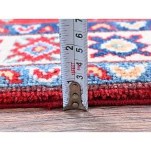 2'2"x3' Crimson Red, Kazak With Geometric Pattern, Soft And Vibrant Wool, Vegetable Dyes, Hand Knotted, Denser Weave, Sample, Mat, Oriental Rug FWR2178