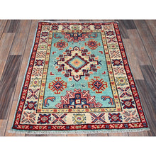 Load image into Gallery viewer, 2&#39;1&quot;x3&#39; Powder Blue, Kazak with Geometric Pattern, Soft and Shiny Wool, Vegetable Dyes, Hand Knotted, Denser Weave, Sample, Mat, Oriental Rug FWR2190