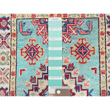 Load image into Gallery viewer, 2&#39;1&quot;x3&#39; Powder Blue, Kazak with Geometric Pattern, Soft and Shiny Wool, Vegetable Dyes, Hand Knotted, Denser Weave, Sample, Mat, Oriental Rug FWR2190