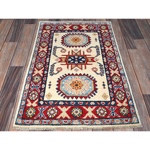 2'x3'1" Tofu White, Kazak With Geometric Pattern, Soft And Shiny Wool, Vegetable Dyes, Hand Knotted, Denser Weave, Sample, Mat, Oriental Rug FWR2196