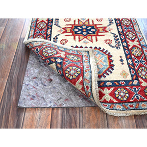 2'x3'1" Tofu White, Kazak With Geometric Pattern, Soft And Shiny Wool, Vegetable Dyes, Hand Knotted, Denser Weave, Sample, Mat, Oriental Rug FWR2196
