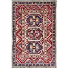 Load image into Gallery viewer, 2&#39;x3&#39; Chiffon White, Colorful Kazak with Geometric Medallions Design, Vegetable Dyes, Soft and Vibrant Wool, Hand Knotted, Denser Weave, Sample, Mat, Oriental Rug Sh367 FWR2202
