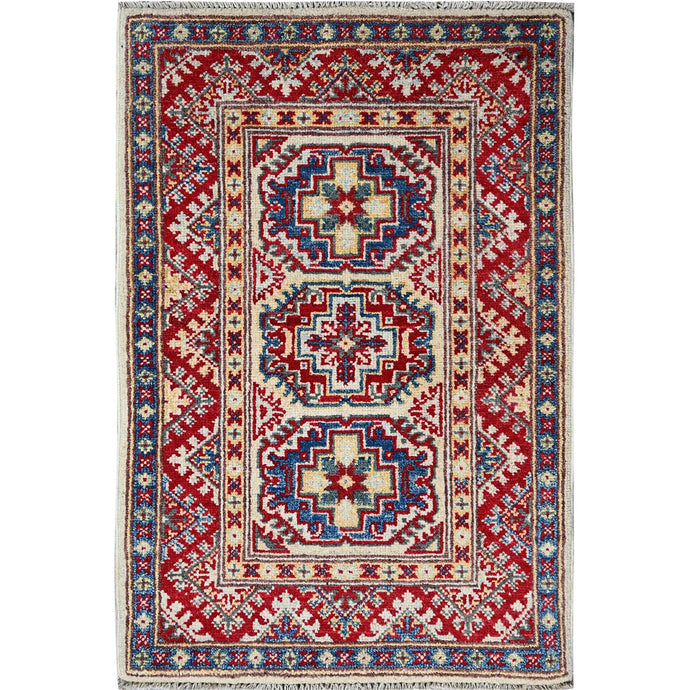2'x3' Chiffon White, Colorful Kazak with Geometric Medallions Design, Vegetable Dyes, Soft and Vibrant Wool, Hand Knotted, Denser Weave, Sample, Mat, Oriental Rug Sh367 FWR2202