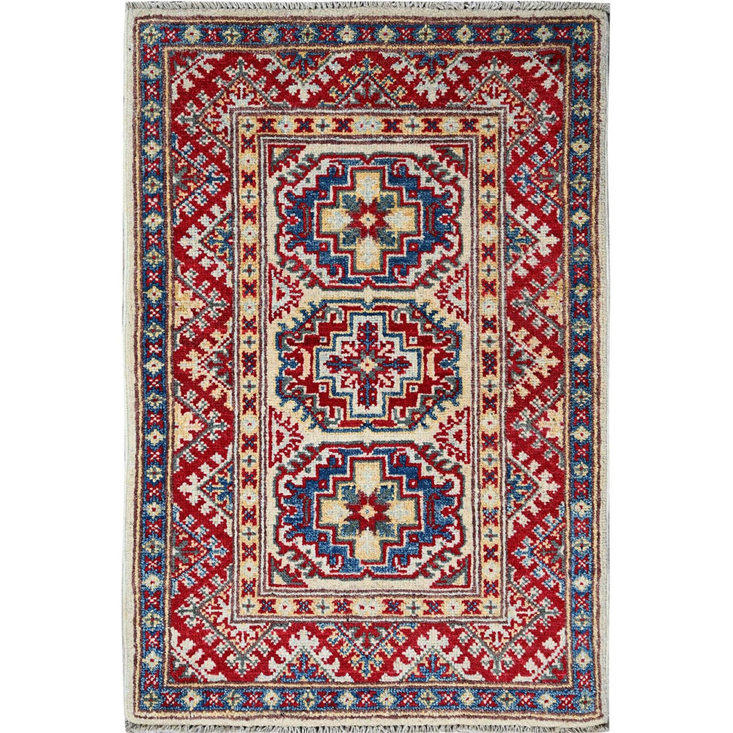 2'x3' Chiffon White, Colorful Kazak with Geometric Medallions Design, Vegetable Dyes, Soft and Vibrant Wool, Hand Knotted, Denser Weave, Sample, Mat, Oriental Rug Sh367 FWR2202