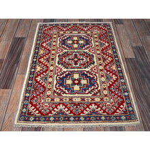 Load image into Gallery viewer, 2&#39;x3&#39; Chiffon White, Colorful Kazak with Geometric Medallions Design, Vegetable Dyes, Soft and Vibrant Wool, Hand Knotted, Denser Weave, Sample, Mat, Oriental Rug Sh367 FWR2202