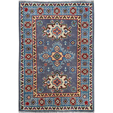 Load image into Gallery viewer, 2&#39;x3&#39; Lilac Gray, Kazak with Geometric Medallions Design, Vegetable Dyes, Hand Knotted, Soft Wool, Denser Weave, Sample, Mat, Oriental Rug Sh369 FWR2214