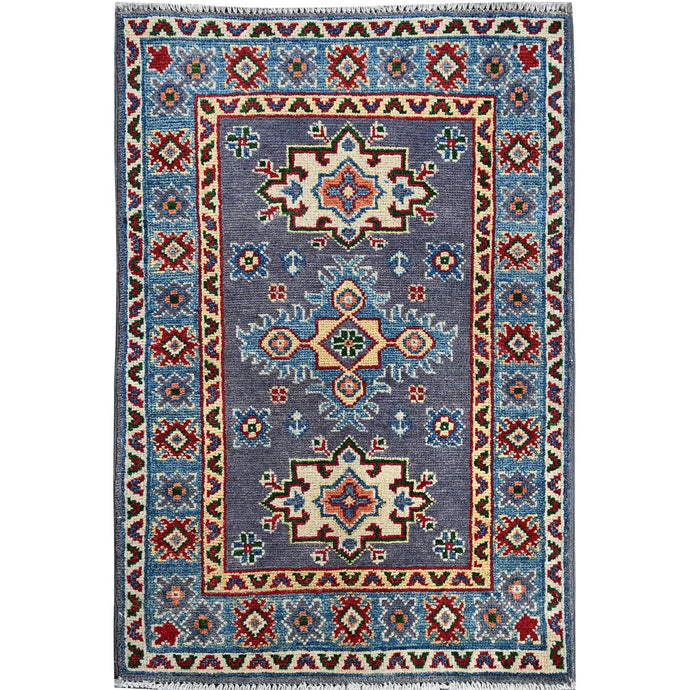 2'x3' Lilac Gray, Kazak with Geometric Medallions Design, Vegetable Dyes, Hand Knotted, Soft Wool, Denser Weave, Sample, Mat, Oriental Rug Sh369 FWR2214