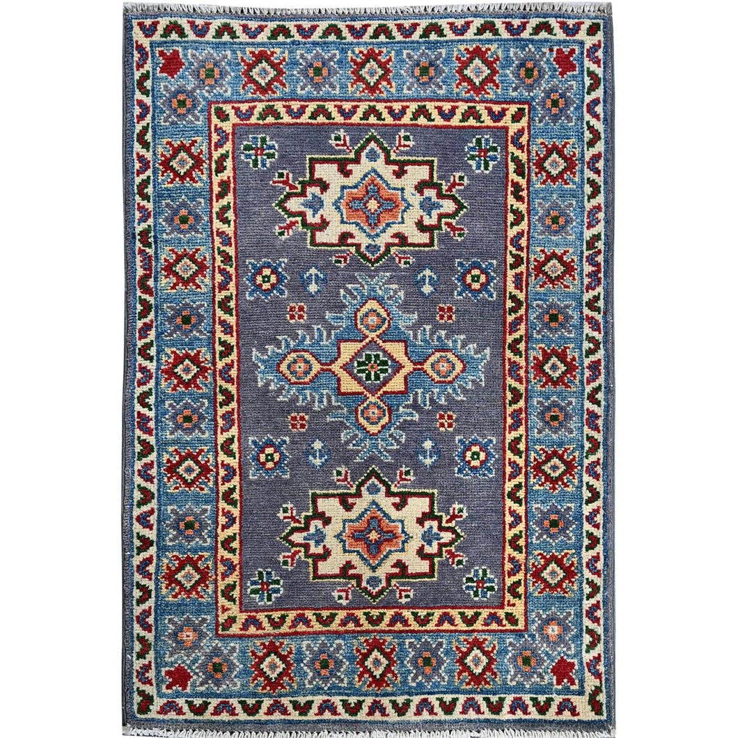 2'x3' Lilac Gray, Kazak with Geometric Medallions Design, Vegetable Dyes, Hand Knotted, Soft Wool, Denser Weave, Sample, Mat, Oriental Rug Sh369 FWR2214