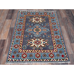2'x3' Lilac Gray, Kazak with Geometric Medallions Design, Vegetable Dyes, Hand Knotted, Soft Wool, Denser Weave, Sample, Mat, Oriental Rug Sh369 FWR2214