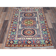 Load image into Gallery viewer, 2&#39;1&quot;x3&#39; Pewter Gray, Kazak With Geometric Medallions Design, Hand Knotted, Soft Wool, Vegetable Dyes, Denser Weave, Sample, Mat, Oriental Rug FWR2220