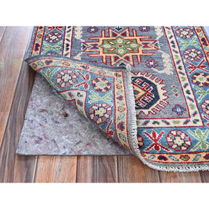 2'1"x3' Pewter Gray, Kazak with Geometric Medallions Design, Hand Knotted, Soft Wool, Vegetable Dyes, Denser Weave, Sample, Mat, Oriental Rug FWR2220