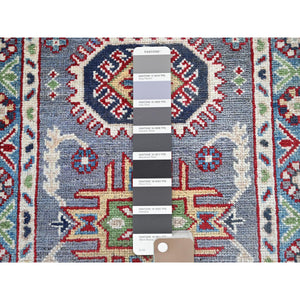 2'1"x3' Pewter Gray, Kazak with Geometric Medallions Design, Hand Knotted, Soft Wool, Vegetable Dyes, Denser Weave, Sample, Mat, Oriental Rug FWR2220
