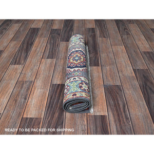 2'1"x3' Pewter Gray, Kazak with Geometric Medallions Design, Hand Knotted, Soft Wool, Vegetable Dyes, Denser Weave, Sample, Mat, Oriental Rug FWR2220