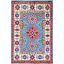 Load image into Gallery viewer, 2&#39;x3&#39; Maya Blue, Kazak with Tribal Medallions Design, Hand Knotted, Vegetable Dyes, Soft Wool, Denser Weave, Sample, Mat, Oriental Rug Sh375 FWR2250