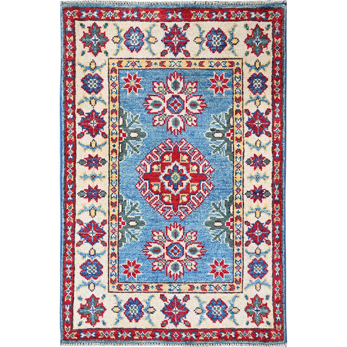 2'x3' Maya Blue, Kazak with Tribal Medallions Design, Hand Knotted, Vegetable Dyes, Soft Wool, Denser Weave, Sample, Mat, Oriental Rug Sh375 FWR2250