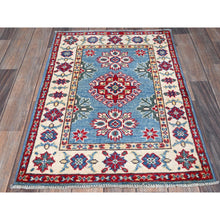 Load image into Gallery viewer, 2&#39;x3&#39; Maya Blue, Kazak with Tribal Medallions Design, Hand Knotted, Vegetable Dyes, Soft Wool, Denser Weave, Sample, Mat, Oriental Rug Sh375 FWR2250