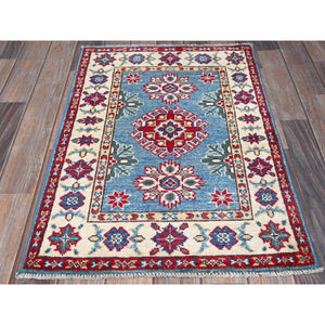 2'x3' Maya Blue, Kazak with Tribal Medallions Design, Hand Knotted, Vegetable Dyes, Soft Wool, Denser Weave, Sample, Mat, Oriental Rug Sh375 FWR2250