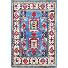 Load image into Gallery viewer, 2&#39;x3&#39; Bayern Blue, Kazak with All Over Tribal Motifs, Hand Knotted, Soft Wool, Natural Dyes, Denser Weave, Mat, Sample, Oriental Rug Sh376 FWR2256