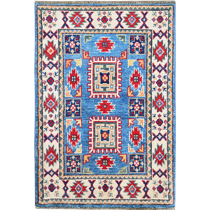 2'x3' Bayern Blue, Kazak with All Over Tribal Motifs, Hand Knotted, Soft Wool, Natural Dyes, Denser Weave, Mat, Sample, Oriental Rug Sh376 FWR2256