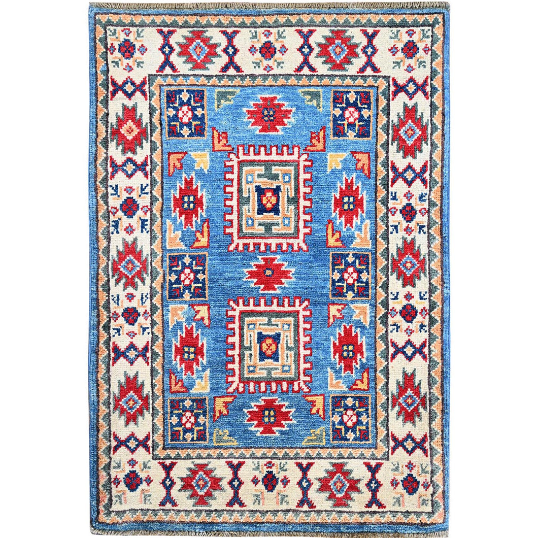 2'x3' Bayern Blue, Kazak with All Over Tribal Motifs, Hand Knotted, Soft Wool, Natural Dyes, Denser Weave, Mat, Sample, Oriental Rug Sh376 FWR2256