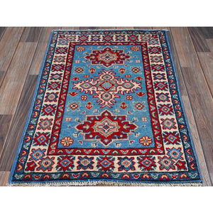 2'x2'10" Alaskan Blue, Kazak with Tribal Medallions Design, Vegetable Dyes, Soft Wool, Hand Knotted, Denser Weave, Sample, Mat, Oriental Rug Sh377 FWR2262