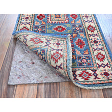 Load image into Gallery viewer, 1&#39;10&quot;x3&#39; Dutch Blue, Kazak With Geometric Medallions Design, Vegetable Dyes, Hand Knotted, Soft Wool, Denser Weave, Sample, Mat, Oriental Rug FWR2268