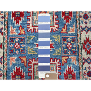 1'10"x3' Dutch Blue, Kazak with Geometric Medallions Design, Vegetable Dyes, Hand Knotted, Soft Wool, Denser Weave, Sample, Mat, Oriental Rug FWR2268