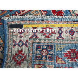 1'10"x3' Dutch Blue, Kazak with Geometric Medallions Design, Vegetable Dyes, Hand Knotted, Soft Wool, Denser Weave, Sample, Mat, Oriental Rug FWR2268