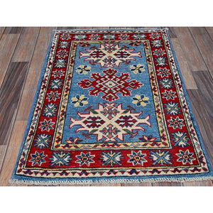 2'1"x3' Maya Blue, Kazak with Tribal Medallions Design, Vegetable Dyes, Hand Knotted, Soft Wool, Denser Weave, Sample, Mat, Oriental Rug FWR2274