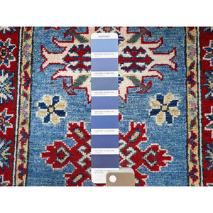 2'1"x3' Maya Blue, Kazak with Tribal Medallions Design, Vegetable Dyes, Hand Knotted, Soft Wool, Denser Weave, Sample, Mat, Oriental Rug FWR2274